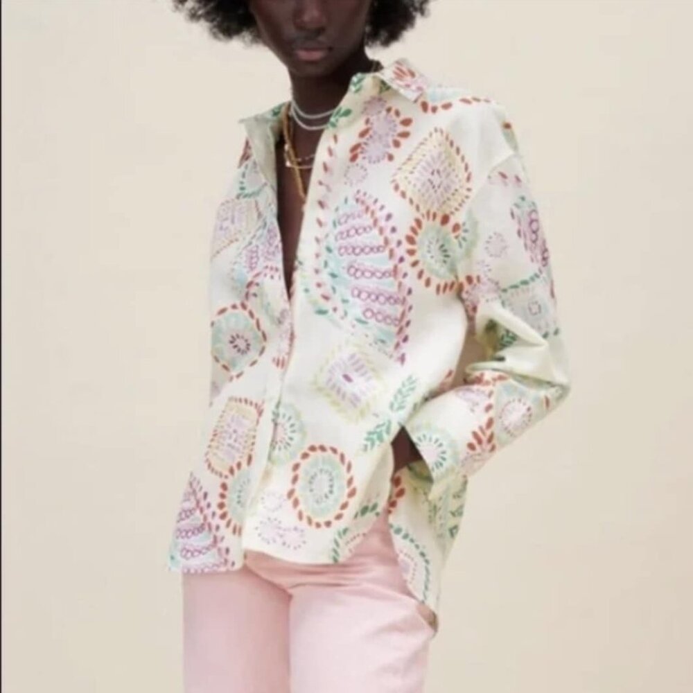 Zara | Linen Long Sleeve Multicolor Pattern Shirt